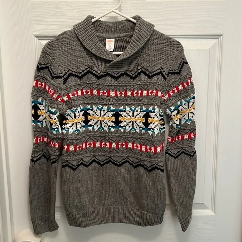 Gymboree Fair Isle shawl collar youth boys gray sweater size large (10/12).